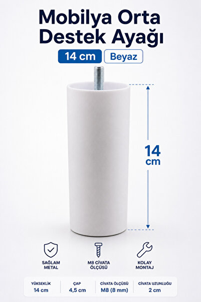 NZB Mobilya Baza Koltuk Tv Ünitesi Ayakları Silindir Kanepe Gizli Orta Destek Ayağı 14 cm Beyaz