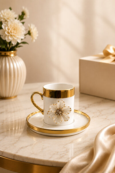 YzHome 2 Li Gold Yaldızlı Porselen Lotus Çiçek Kahve Fincan Takımı 100ml