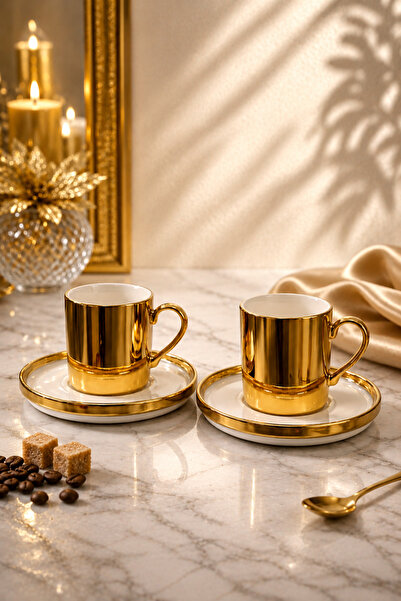 YzHome 2 Kişilik Porselen Gold Platin Kaplama Kahve Fincan Takımı Seti 100ml
