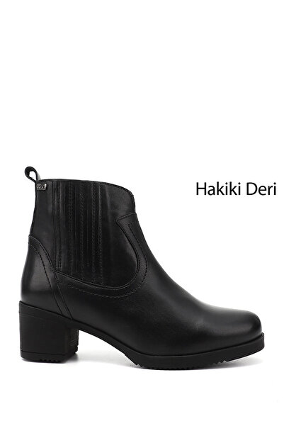 Women's Black Zippered Thick Heels Genuine Leather Boots