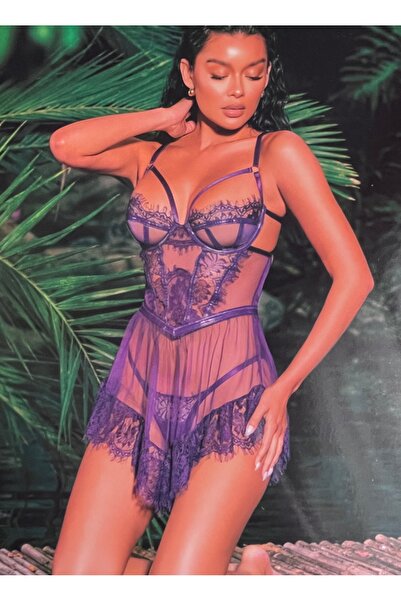 Mor Transparan Dantel Babydoll Takımı