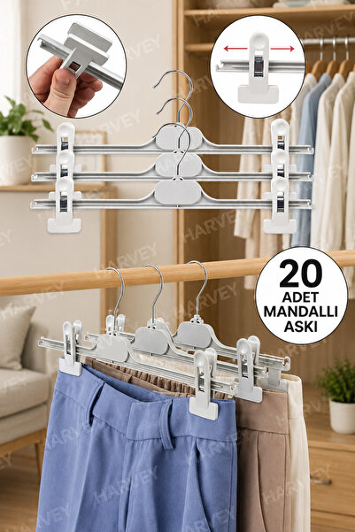 Harvey 20 Adet Etek Pantolon Askısı, Mandallı Askı, 38 Cm. Beyaz Renk - Plast...