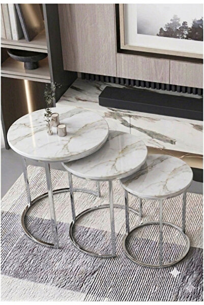 Nokta Sehpa Home GÜMÜŞ Metal BEYAZ MERMER DESEN TABLA C Zigon Sehpa