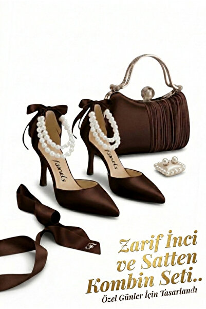 Famels Short Heeled Shoes in Brown Satin with Pearls and Spare Helmet-Like Ac...