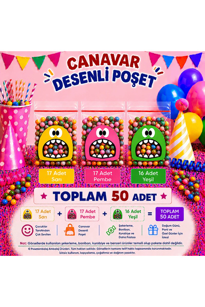 CarpCorn 50 Adet Sarı-Pembe-Yeşil Renkli Canavar Desenli Cake Pop & Kurabiye ...