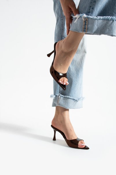 apelles Women's Patent Leather Bitter Coffee Color Thin Heel Pointed Toe Slippers