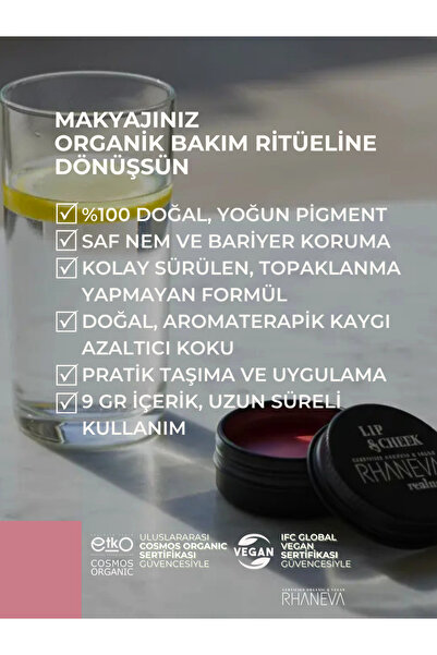 RHANEVA Lip and Cheek Blush Realness, Organik ve Vegan Sertifikalı, 9 gr