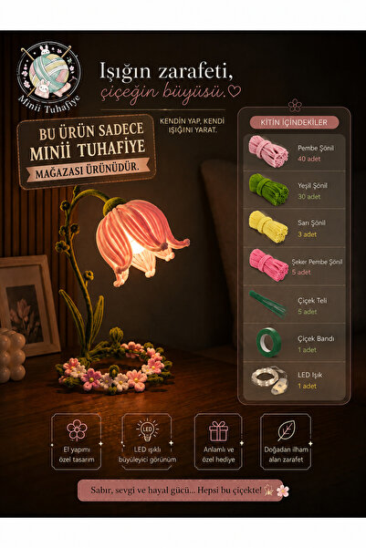 Minii Tuhafiye DIY Şönil Çiçek Lamba Seti | LED Işıklı Kendin Yap Gece Lambası