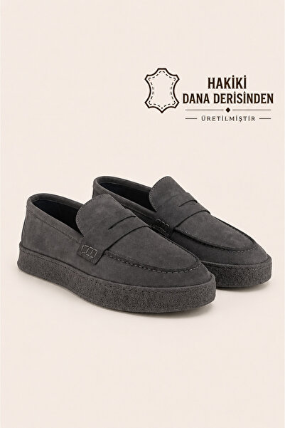 VARNAS Erkek Antrasit Süet Loafer Hakiki Dana Derisi İç Dış Deri Kauçuk Taban...