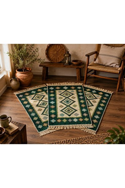OEM Set de 3 covoare tradiționale țesute, reversibile, 60 x 90 cm, verde, mod...