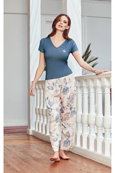 FIRST STYLE Soft Blue Turkish Pajamas with Delicate Printed Pants
