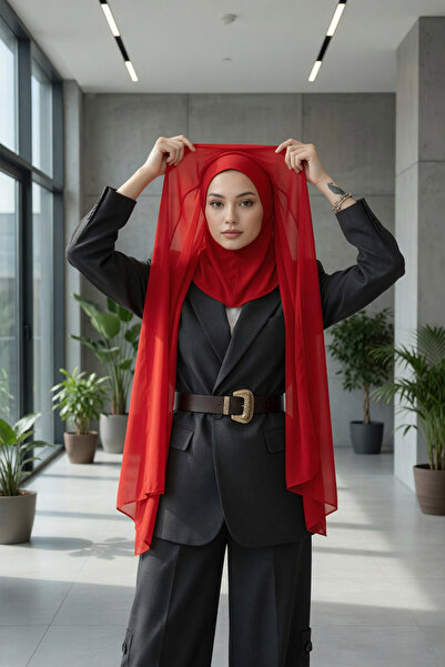 Aisha's Design Şal practic din şifon cu bonete pentru hidjab, roşu, PS-46