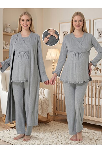 Lohusa Homewear Women's Gray Elegant Long Sleeve Maternity Pajama Set with Hi...