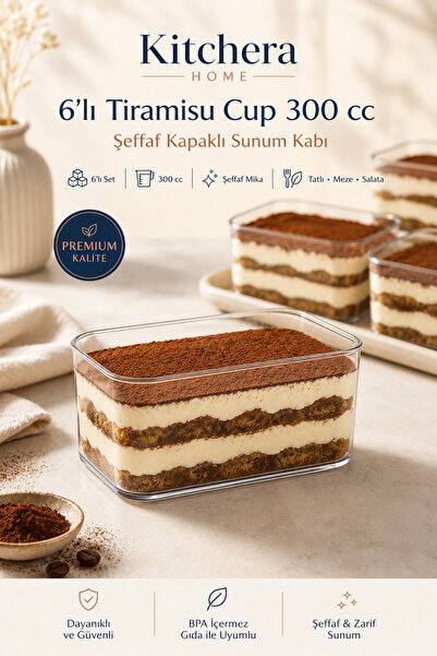 Kitchera Home 6 Adet Mika Tiramisu Cup 300 cc Şeffaf Kapaklı Porsiyonluk Tatl...