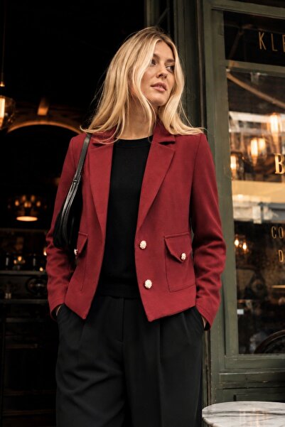 armonika Kadın Bordo Erkek Yaka Kare Cepli Crop Ceket ARM-26K001026
