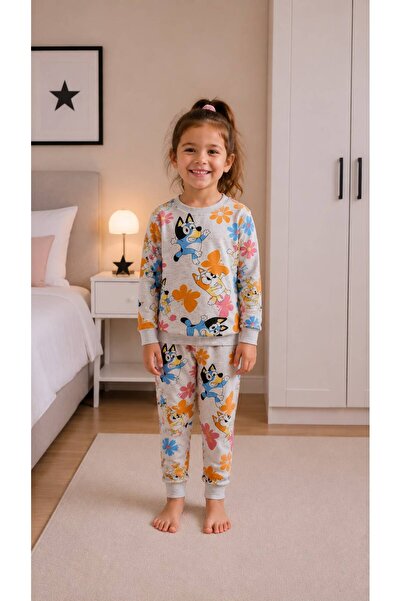 tusem butik homewear Devojčički pamučni flis sivi plavi šareni zimski pidžama...