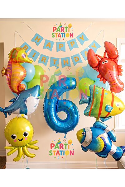 Parti Station Büyük Boy Balonlu Okyanus Hayvanları 6 Yaş Doğum Günü Balon Set...