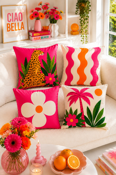 Ays Home Tiger Fuchsia Maximalist Pattern 4-Piece Cushion Cover Set