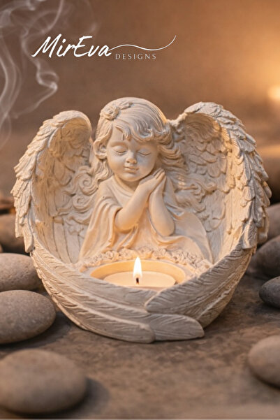 MİREVA Melek Figürlü Tealight Mumluk, Taş Döküm, 13x15 cm, Dekoratif Dilek Tu...