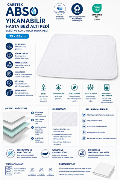 CARETEX Abso Yıkanabilir Hasta Bezi Altı Pedi 75x85 cm - Emici Su Geçirmez Ya...