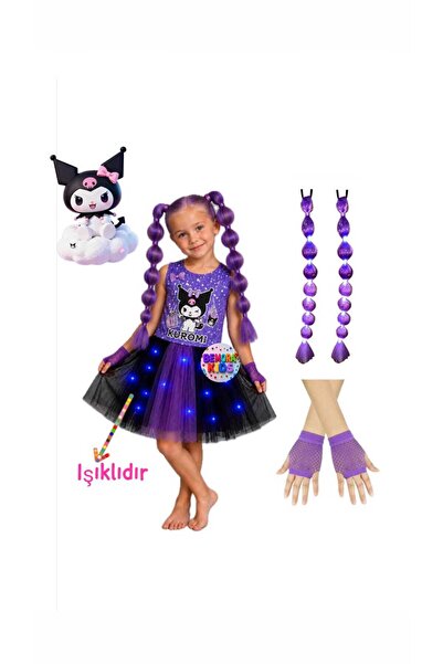 3b kids kuromi kostüm elbise ışıklı kostüm penye elbise kuromi babble saç per...