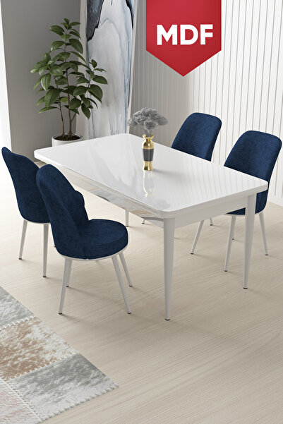 Canisa Nil Serisi 70x110 MDF Sabit Mutfak Masası Takımı Beyaz Masa 4 Lacivert...