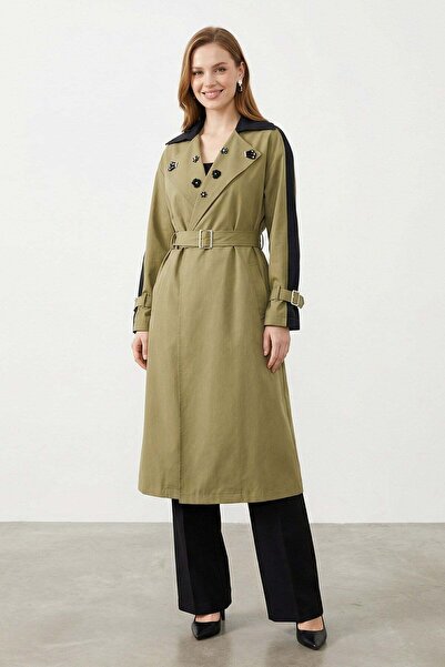 Puane Kadın Renk Bloklu Tasarım Trençkot –15261TRC - KHAKI-BLACK