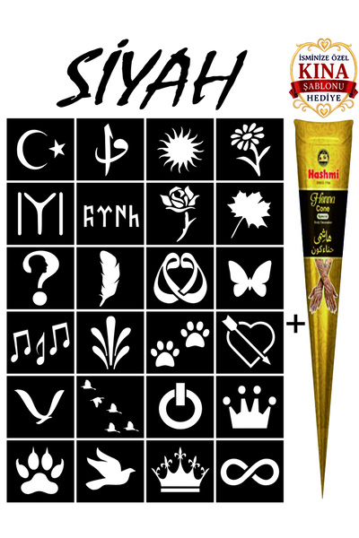 EYMEN ÇARŞI /Kına Kalıbı ve Kına/24 Farklı Desen Kına Şablonu ve Siyah Hint K...