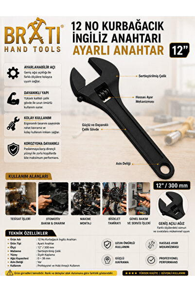 BRATİ HAND TOOLS 12'' Frog Wrench Adjustable Spanner 12 Inch