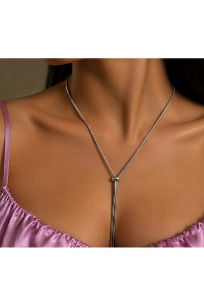 angelloop Silver Y Necklace with Elevator Pendant- Stainless Steel Long Chain Necklace-75 cm