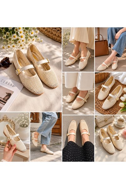 STOCON Beige Knitwear Mesh Gold Buckle Belt Strap Ballerinas Summer Ballerinas Stc1285