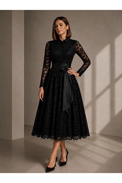 SERAVENZA COUTURE Midi Boy Dantelli Seyyar Kuşaklı Şık Gömlek Elbise COU-03