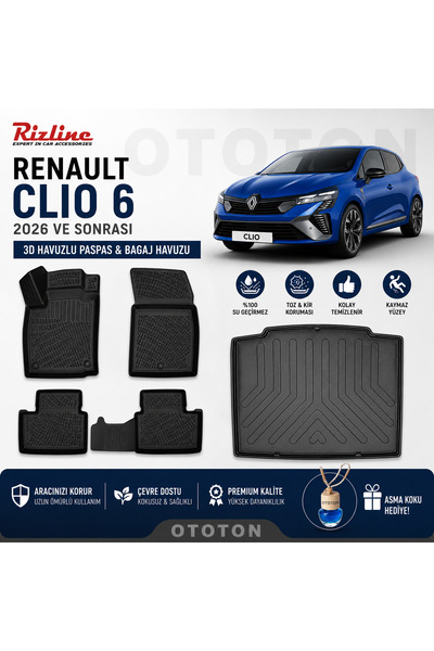 Rizline Renault Clio 6 2026 ve sonrası 3D Paspas ve Bagaj Havuzu (Ton Koku He...