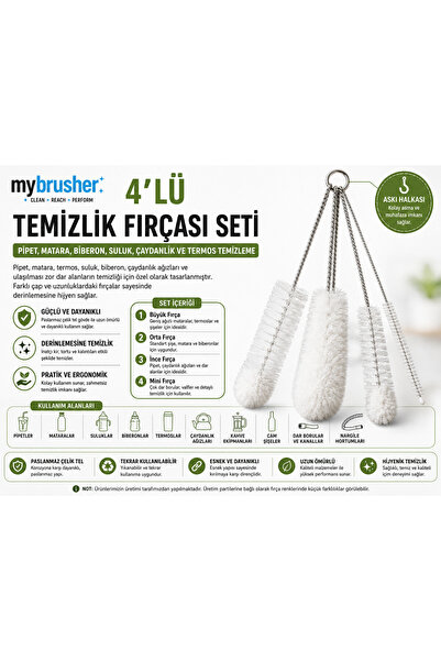 my brusher 4'lü Temizlik Fırçası Seti | Pipet, Matara, Biberon, Suluk, Çaydan...
