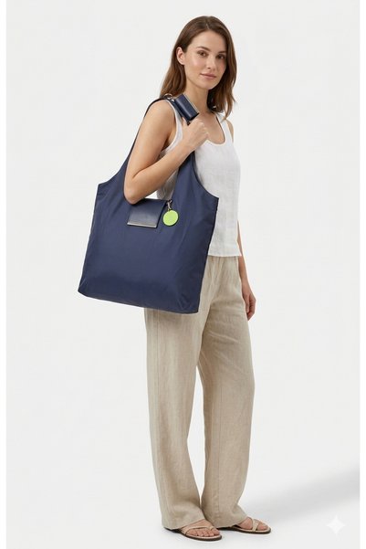 Ayax Navy Blue Keychain Features Foldable Shopping and Sports Bag for Women Shoulder Bag