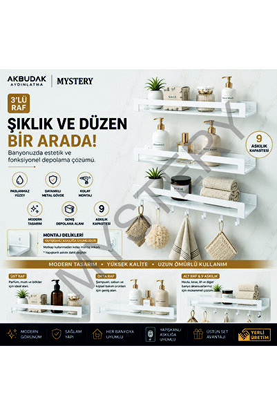 MYSTERY Banyo ve mutfak Düzenleyici Askılıklı Duş Rafı 3lü Set Şampuanlık Hav...