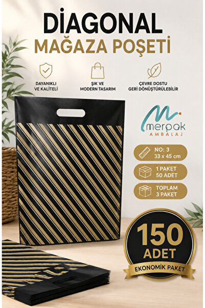 Merpak Ambalaj Çizgili Mağaza Poşeti (NO 3) 150 Adet 33x45 Cm Diagonal Poşet ...
