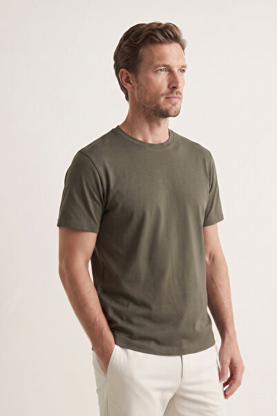 Elemge Cotton Lycra Body-Fitting Magic Fit Khaki Men's T-Shirt Compact Combed...