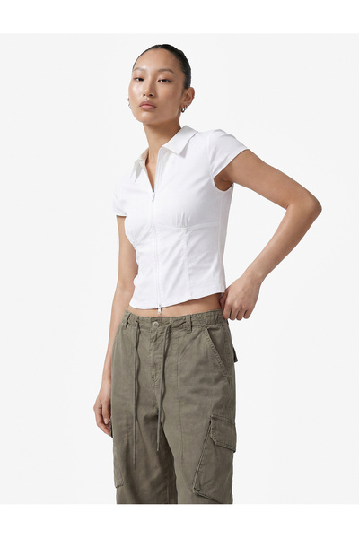 Koton Cămașă crop cu mânecă scurtă, croială slim, cu guler clasic și fermoar