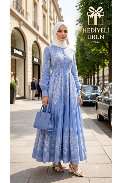 Muslima Wear Blue Dream Mavi Inci Düğmeli Beyaz Çiçek Desenli Nakışlı Abiye E...