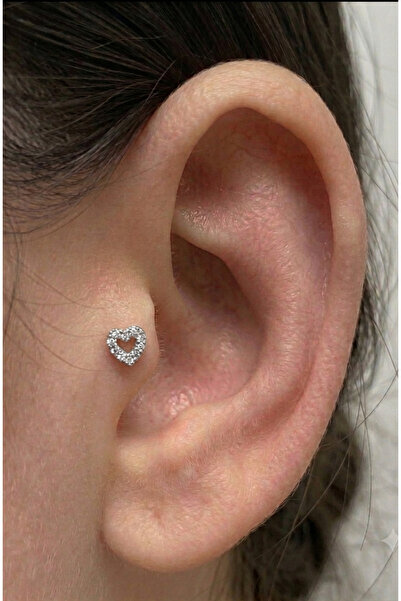 kurukafagift Taşlı Parlak Çelik Piercing Minimal Kalp Figürlü Tragus Helix Kı...