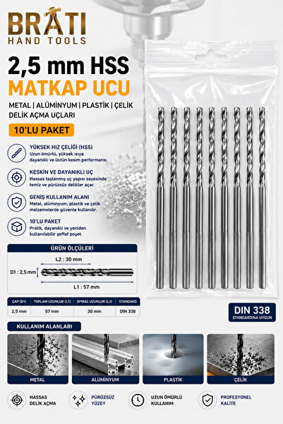 BRATİ HAND TOOLS 2,5 Mm Matkap Uçları 10 Adet Metal Ahşap Plastik Çelik Delme...
