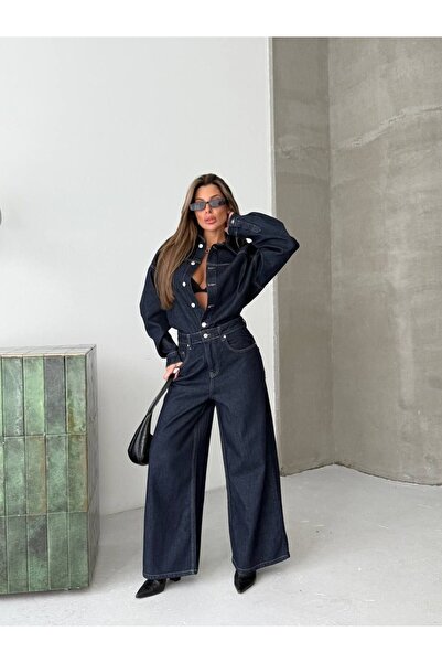 HerTon Denim Buttoned Wide Leg Women's Jumpsuit