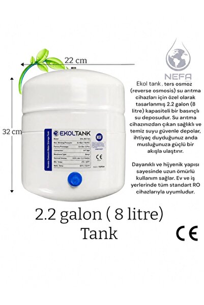 Nefa Su Arıtma Tankı 8 LT Tüm Cihazlara Uyumlu, Paslanmaz Çelik Tank, Nsf onaylı