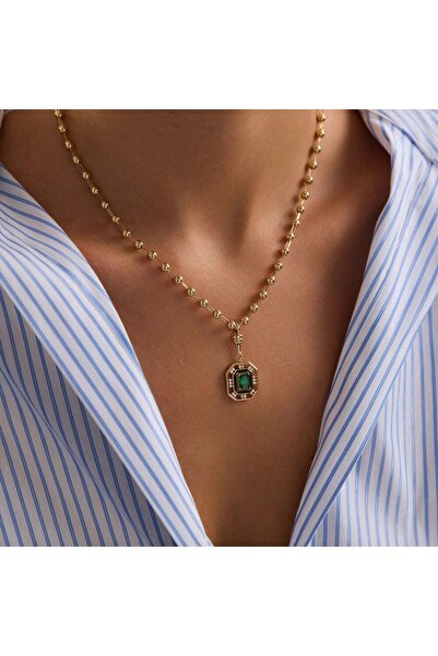 Sembol Gold 14 Ayar Özel Tasarım Yeşil Taşlı Kolye Ball Chain