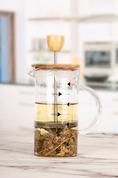 Karçiçeği Home Borosilikat Cam Lüx 350 ml Bambu Kapaklı French Press - Ölçü Kabı