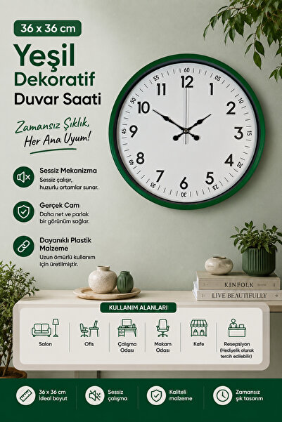 Genel Markalar 36 Cm Standart Yeşil Duvar Saati