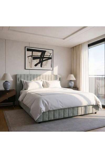 PAN HOME Leeburn King Bed 180x200 Cm With Hydraulic, Lamp & Bed Storage - Grey