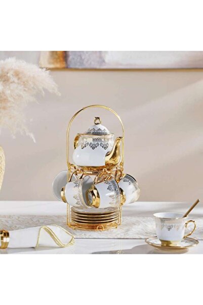 PAN HOME طقم شاي كينزي مكون من 14 قطعة - كوب 220 مل + إبريق 950 مل - أبيض وذهبي