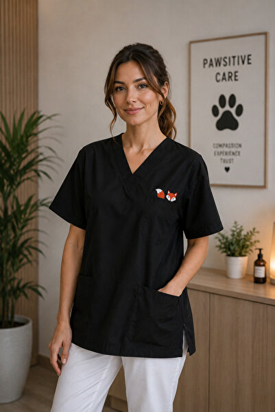 mirach Kadın Premium Scrubs Forma Sevimli Tilki Nakışlı Lüks Klinik Üniforma ...